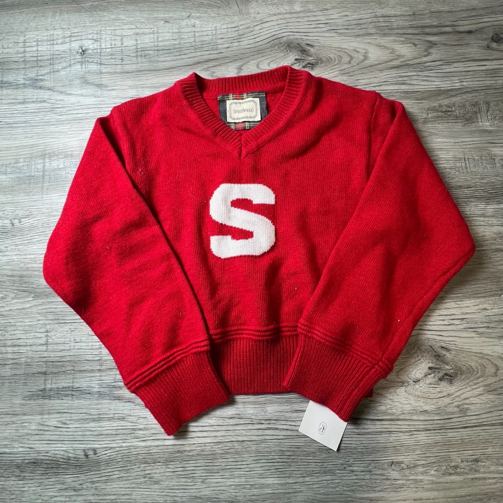 Smoothmood Sweater Womens OS Red Wool Blend Varsity Letter S V-Neck Collegiate